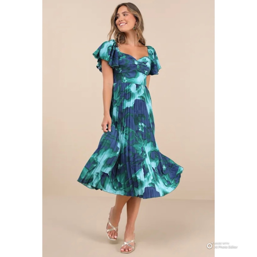Lulu's Teal & Navy Floral Pleated Midi Dress